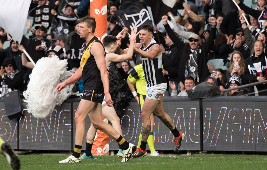 SANFL-SF-main.png Sam Davidson and Aidyn Johnson celebrate a goal during the Magpies Second Semi Final win over Glenelg. - Port Adelaide Magpies